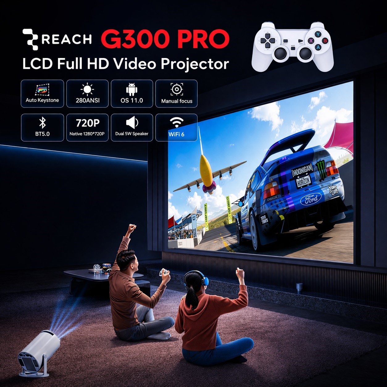 G300 Pro স্মার্ট গেমিং প্রজেক্টর (20,000+ বিল্ট-ইন গেম, Android 11, Wi-Fi 6)