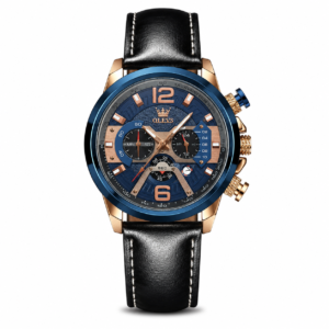 OLEVS Men’s Luxury Blue Dial Chronograph Leather Watch – Rose Gold Edition