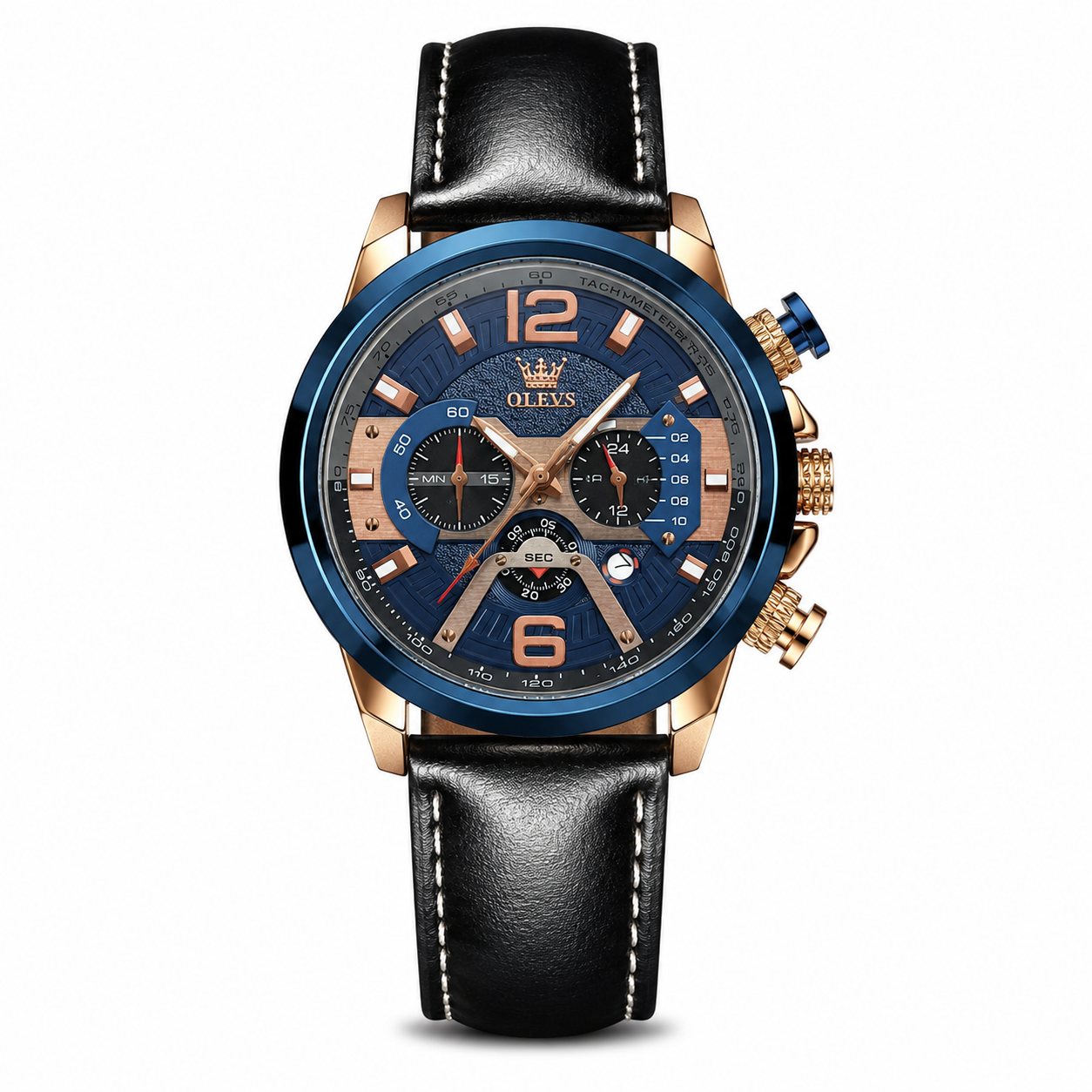 OLEVS Men’s Luxury Blue Dial Chronograph Leather Watch – Rose Gold Edition